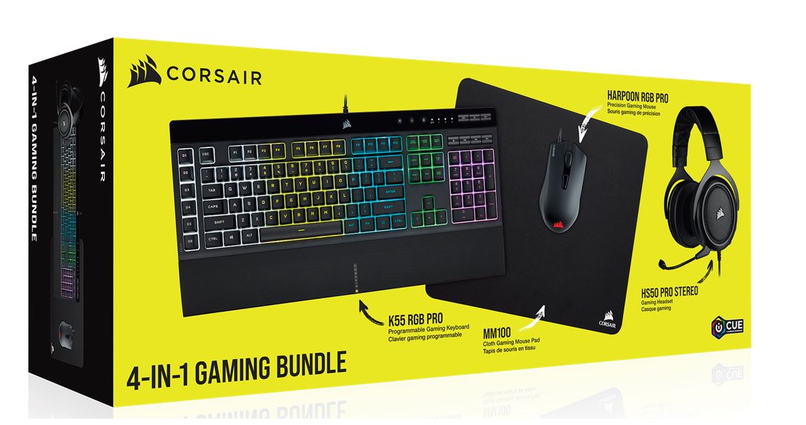 Corsair 4 In 1 Gaming Bundle Pack - K55 RGB PRO KB / HARPOON RGB PRO Mice / HS50 PRO STEREO Carbon / MM100 MM, 2021 Edition (LS)