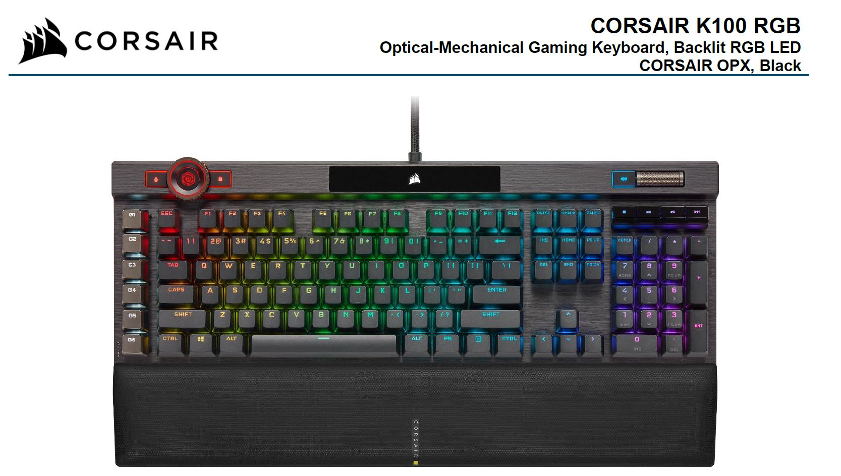 Corsair K100 RGB, Cherry Corsair OPX Switch, AXON 44-Zone RGB, PBT Double-Shot Keycaps, Black, Mechanical Gaming Keyboard
