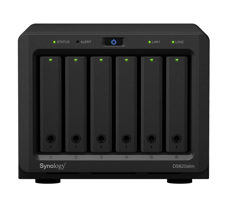 Synology DiskStation DS620 slim 6 Bay NAS Intel Celeron J3355 2-core 2.0 2GB DDR3L non-ECC SODIMM Hot Swappable 2xRJ-45 1GbE LAN 2xUSB 3.0 2 yrs wty