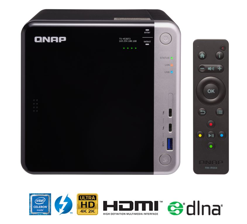 QNAP TS-453BT3-8G 4 Bay NAS Intel® Celeron® J3455 quad-core 1.5 GHz processor 8 GB DIMM DDR3L Hot-swappable 2xGbE 2xThunderbolt Por 1xPCIe 5xUSB3.2